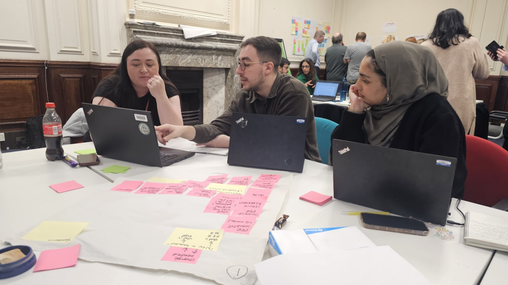 This image features man and to women, part of the Digital Foundry team working with a service area colleague during a Rapid Review prototyping session